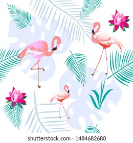 Pink flamingos. Tropical plants. Light background. Seamless pattern. Can be used for fabrics, paper.