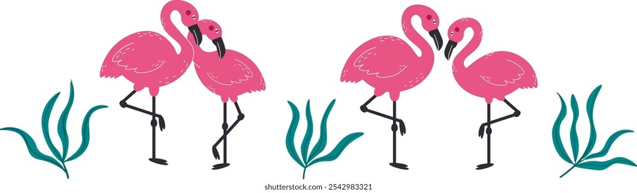 Pink flamingos and tropical plants.Vector background with exotic birds.