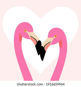 Pink flamingos for Valentine's Day. Tropical romantic card with birds for printing on clothes, notebooks, decorative pillows. Vector graphics.