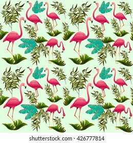 Pink Flamingos Vector Pattern. Ornamental Decorative Fabric Motive. Exotic Bird.
