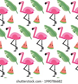 Pink flamingos with watermelon and banana leaves. Vector pattern illustration for summer-vibes.