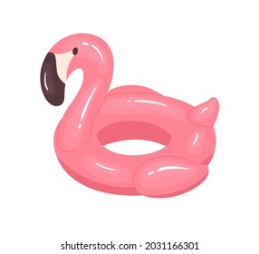 Pink flamingo-shaped inflatable rubber ring for swimming. Childish summer water toy for pool and sea. Flat vector illustration of kids funny glossy object isolated on white background