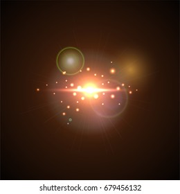 Pink Flash with rays and spotlight. Realistic light glare, high loth, star glow. Lens flare effect on black background. Bright Sunflare Explosion. Shining Vector illustration Beautiful Template.