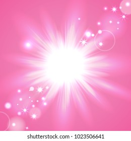 Pink flash starburst background with sparkles, vector illustration