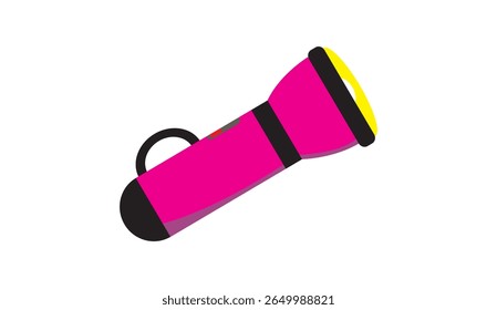 A pink flashlight vector illustration with black accents and a yellow lens. Ideal for children’s tools design, camping themes, adventure gear, or flat style infographics related to lighting or safety.