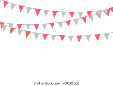 Pink flat buntings garlands, flags. Celebration decor. Valentines Day.