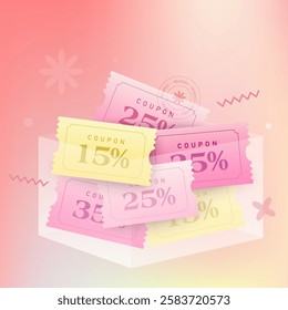 Pink flat coupons inside a transparent envelope, isolated on dark background with golden coins flying around. Flat gift voucher banner template with coupon code and confetti.