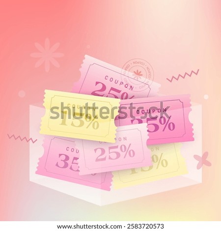 Pink flat coupons inside a transparent envelope, isolated on dark background with golden coins flying around. Flat gift voucher banner template with coupon code and confetti.