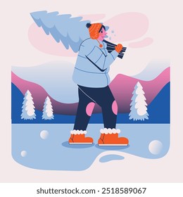 Diseño plano rosa Invierno Llevando la actividad del árbol Ilustración completa