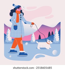 Diseño plano rosa Paseo de invierno con el perro Actividad Ilustración completa