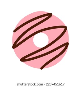 Pink flat donut isolated on white background. Top view. Tasty baked unhealthy dessert closeup object. Doughnut with chocolate frosting. Yummy treat food for cafe, menu, logo design vector illustration