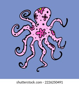 Pink flat doodle cartoon octopus, tentacles squid animal, hand drawn vector illustration isolated on color background. Sea and ocean character, aquatic marine life art. Floral childish collage groovy