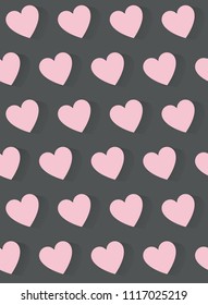Pink Flat Hearts with Shadow. Abstract Vector Pattern. Dark Gery Background. Flat Lay Style.