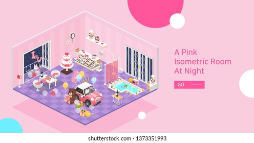 A pink flat isometric room with the interior objects at winter night. The combination room of mixing a hotel room, a sweet dessert shop, and a bathroom with a valentine day party mood.