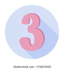 Pink flat number three icon on a blue background children's style