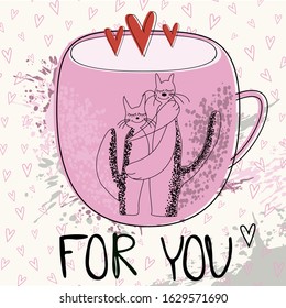 Pink flat plain Cup with cute painted cats. Drawing of lines and points. Grainy texture. vector. Delicate background with hearts, opening for Valentine's day. Love. tenderness