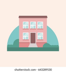 Pink flat red house in greens