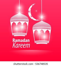 Pink flat simple illustration Ramadan kareem. Beautiful islamic stylized lantern traditional greeting card wishes holy month mubarak and karim muslim. Star and moon with lamp light.