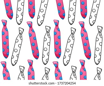 Pink flat style and black outline style neckties with dots print seamless pattern. Decoration for card, wrapper and textile. White background, vector.
