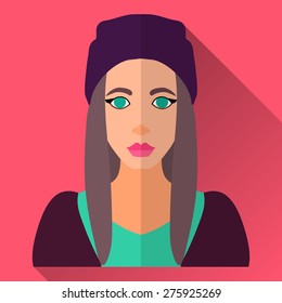 Pink flat style square shaped female character icon with shadow. Illustration of an attractive young woman with long brown hair wearing sport skater clothes and slouchy beanie hat.