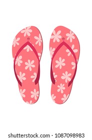 Pink flip flops with flowers on white background. Vector illustration.