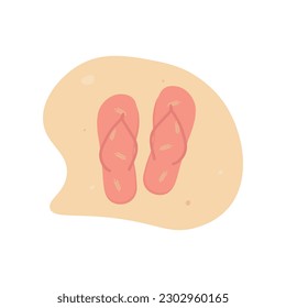 Pink flip flops on the sand. Sea shoes with patterns in the form of tropical leaves Flat vector illustration isolated on white background eps 10.