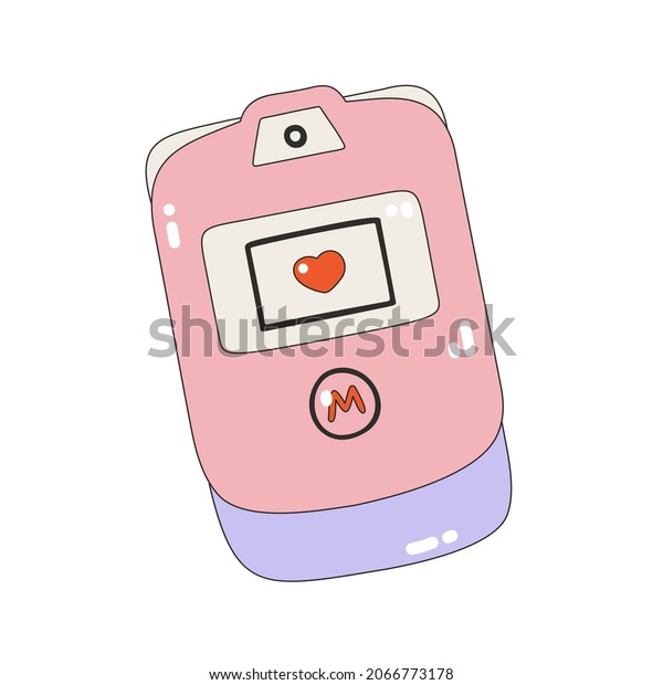 Pink flip phone icon. Nostalgia for the 2000\
years. Y2k style. Simple flat linear vector illustration isolated\
on a white background.