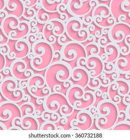 Pink Floral 3d Seamless Pattern Background. Vector Curl Decoration For Wallpaper or Romantic Invitation Card. Swirl Design