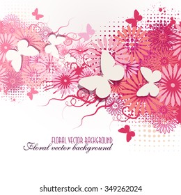 pink floral abstract background with butterflies. Vector