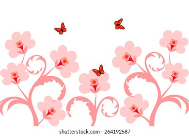Pink floral background with butterflies isolated on white