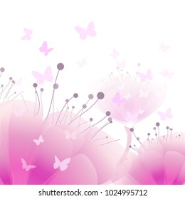 Pink Floral background with butterflies. Vector