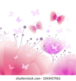 Pink Floral background with butterflies. Vector