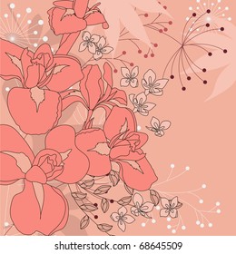Pink floral background with contour flowers and plants