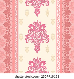 Pink floral background with damask ethnic batik retro. Flower motifs paisley batik.ornament for fabric, wallpaper, packaging. Ornate Damask flower ornament, textiles and garments, covers, carpets,