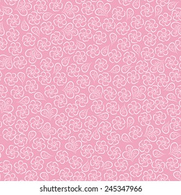Pink floral background. Lots of small white flowers seamless pattern. Line art.