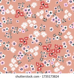 Pink floral background. Seamless print with wild flowers. Vintage collection. Template for textile design, cards, wallpapers, gift wrappings.