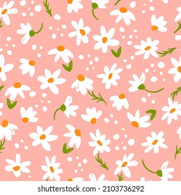 pink floral background with white daisies. seamless pattern