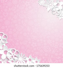 Pink floral background with white flowers cut out of paper