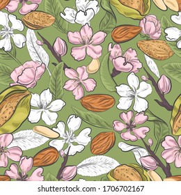 Pink floral blossom of almond tree isolated seamless pattern. Spring blooming pink and white flowers, nuts and fruits on green background endless pattern.