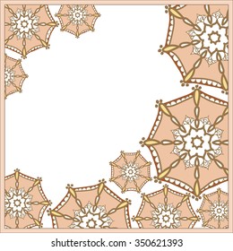 Pink floral border, pink ornaments with snowflakes on a white background. Vector
