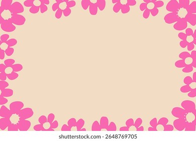 Pink floral border vector illustration with playful flower frame on beige background, place for a text