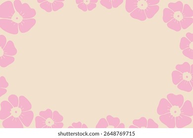 Pink floral border vector illustration on soft beige background with delicate flower design, place for a text