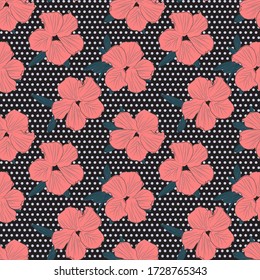 Pink Floral botanical seamless pattern with dotted background for fashion prints, graphics, backgrounds and crafts