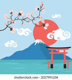 Pink floral branch and Mount Fuji with torii gate background