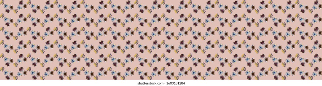 Pink floral chevron vector border texture. Masculine geometric seamless stylised flower banner pattern. Hand drawn variegated daisy tulip background. Textured purple brown hipsterribbon trim.