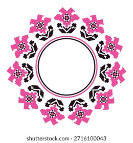 Pink floral circle frame inspired by traditional Ukrainian embroidery. Elegant folk ornament for decorative design