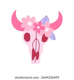 Ilustração de crânio de vaca floral rosa com estilo bonito ocidental