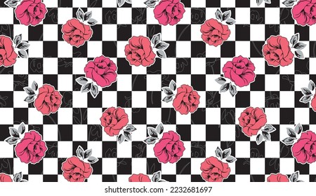 Pink floral daisies on checkered pattern for textile print