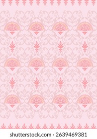 Pink Floral Damask Pattern with Decorative Border. Romantic Seamless Background. ornate floral elements and  decorative border. Ideal for wedding stationery, vintage fabric designs, romantic wallpaper