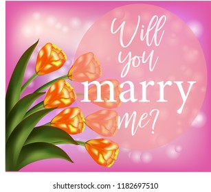 Pink floral delicate background with realistic tulips and inscription